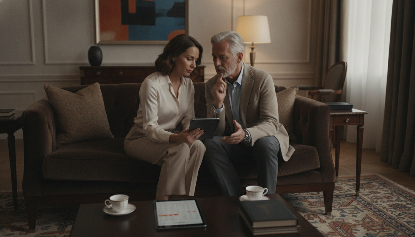 Paar diskutiert auf dem Sofa die Dauer und Exklusivität ihres Arrangements